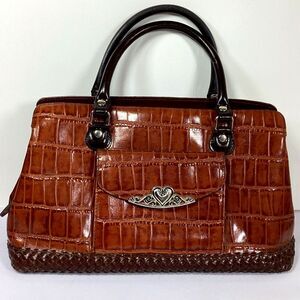 MC Bag Purse Embossed Croc Leather Faux Brown Silver Tone Scroll Heart Clasp